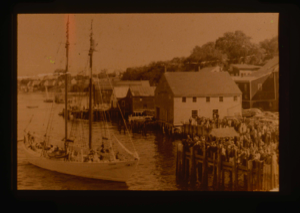 Image of The Bowdoin approaching pier. Crowds waiting