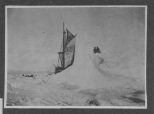 Image: The Roosevelt, drying sails, two men on ice