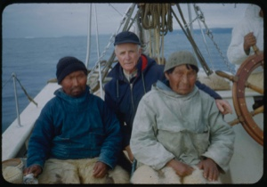 Image of Harrigan [Inukitooq], Donald MacMillan, and Ootaq by wheel