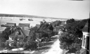 Image of Sydney, Cape Breton, Nova Scotia waterfront and houses, with SS Roosevelt at anchor