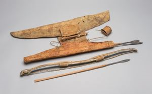 Image of Bone bow, metal-point arrows, and hide quiver 