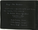 Image of Title page: Aage + Fru Knudsen --- A small momento, in appreciation of their great kindness, help + hospitality to the members of: - The British Trans-Greenland Expedition of 1934________Martin Lindsay [Leader] Aurthr Godfrey [ surveyor] Andrew Croft [dog