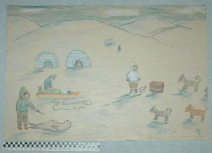 Image of [activities on the ice, with snow houses; seal butchering, feeding dogs, and loading sled]