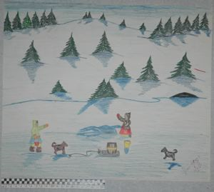 Image of [winter scene with sled and dogs; getting water]