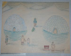 Image of [activities around two snow houses]