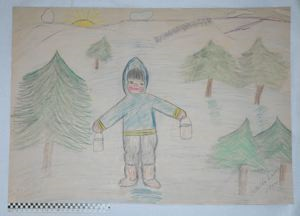 Image: [child holding buckets among trees]