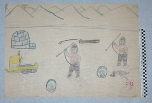 Image of [two men seal hunting, Ski-doo nearby]