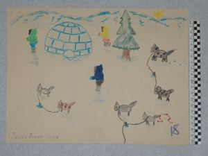 Image of [people and dogs outside a snow house]
