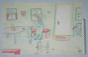 Image of [interior; woman sewing, children playing]