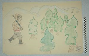 Image of [hunter on snow shoes among trees]