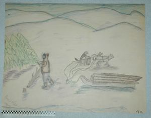 Image of [cutting wood, with a loaded sled nearby]