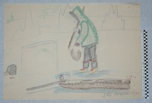 Image of [hunting a seal at its breathing hole; sled and snow machine nearby]
