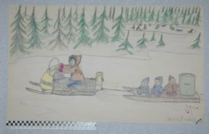 Image of [using a Ski-doo and sled to haul water, children riding sled and playing on a pond in the background]