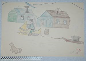 Image of [man on a Ski-doo pulling a sled past houses]