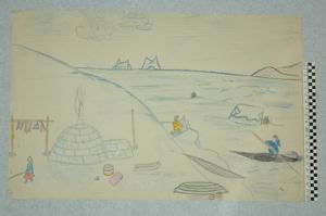 Image of [activities on land and water by a snow house]
