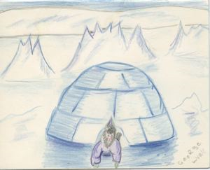 Image of [person exiting igloo; notecard]