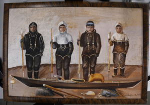 Image: [Four hunters with harpoons standing by kayak]