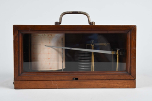 Image of Recording  barometer in wooden case with inscribed plaque