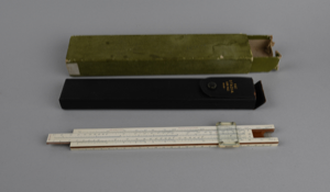 Image of Stadia Slide rule N4100, case and box, used on the BOWDOIN, 