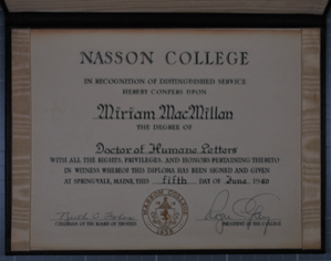 Image: Diploma from Nasson College to Miriam MacMillan, Doctor of Humane Letters
