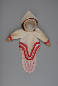 Image of Doll-sized sillipak with overly large hood and wooden hands