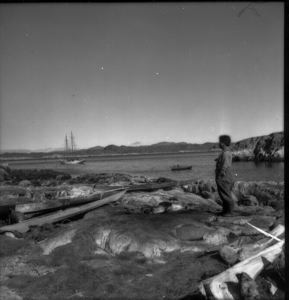 Image of Eskimo [Inuk] on shore, looking toward The Bowdoin