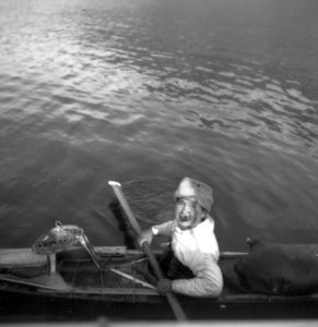Image: Eskimo [Inuk] in Kayak beside The Bowdoin, Nugatsiak