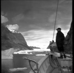 Image of Mac in bow of The Bowdoin, Umanak Fjord