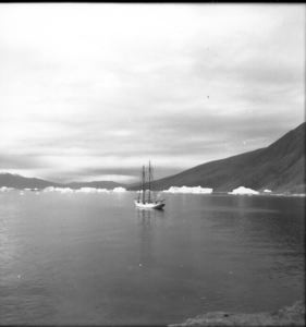 Image: The Bowdoin and icebergs in bay, Nugatsiak