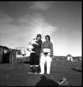 Image of Miriam, holding dog, with Eskimo [Inughuit] lady, Thule