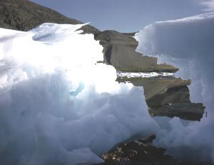 Image of Iceberg and Talus. Raised beach beyond.