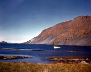 Image of Fjord cut by glacier; The Bowdoin moored