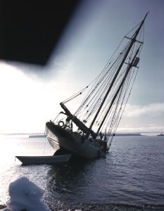 Image of The Bowdoin beached, with bent propeller