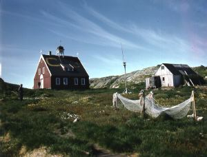 Image of Church, and drying nets.