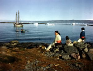 Image: Eskimos [Inuit] on shore watching The Bowdoin.