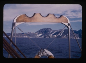 Image of mountains through rigging