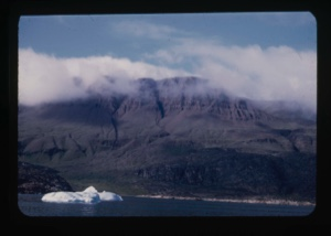 Image of coastal mountain and iceberg. hardwood forest