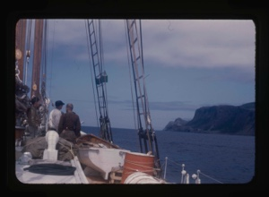 Image: crew looking at mountains from bow