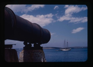 Image of the Bowdoin moored beyond a canon