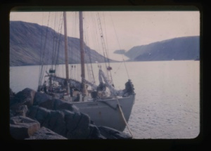 Image of the Bowdoin moored to the rocks