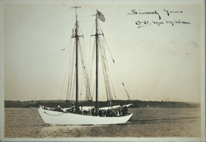 Image of Schooner Bowdoin with guests, signed Sincerely Yours D.B. MacMillan
