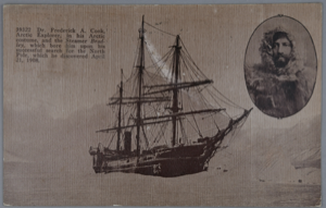 Image of The Steamer Bradley; inset photograph of Frederick Cook (with message)