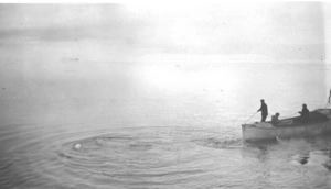 Image of Men in open boat capturing walrus (?)