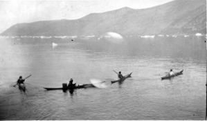 Image of 4 Eskimos [Inuit] in kayaks