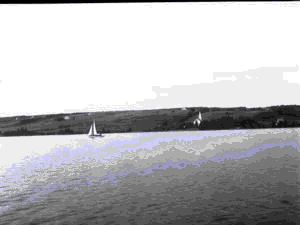 Image of Sailboat and church in farmland view, Bras d'Or Lakes