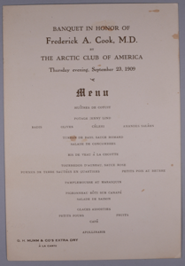 Image: Menu card, Arctic Club Banquet honoring Dr. Cook 