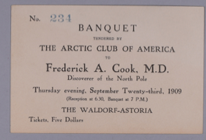 Image of $5.00 ticket to the Frederick A. Cook Arctic Club banquet, No. 234
