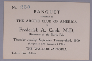 Image: $5.00 ticket to the Frederick A. Cook Arctic Club banquet, No. 235