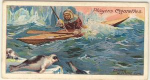 Image: Cigarette card: Eskimo Hunting Seal in a Kayak