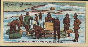 Image: Cigarette Card, Preparing one of the Motor Sledges for the Southern Journey